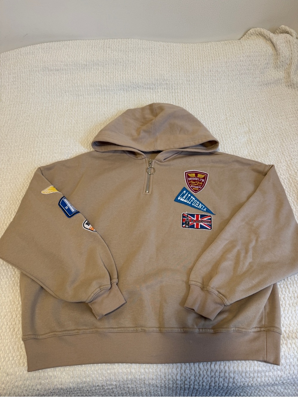 Beige Patchwork Half-Zip Hoodie Sweatshirt